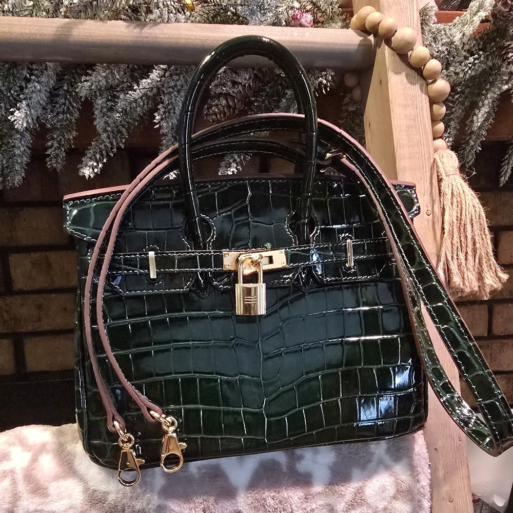 Source Unknown Dark Green Crocodile-Embossed Satc… - image 1